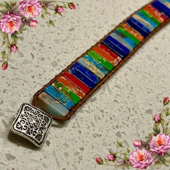 Bohemian Style Square Stone Beaded Multicolored Braided Pu Leather bracelet - Picture 1 of 11